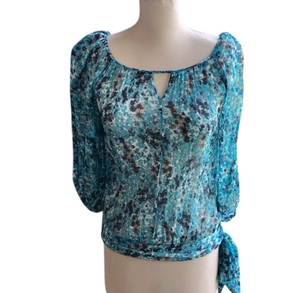 Guess Splatter‎ Boho OpArt Floral Blouse Sheer Tie Waist 3/4 Sleeve Keyhole XS